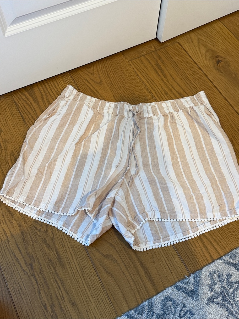 crown & ivy Cream and Tan Striped High-Waist Shorts
